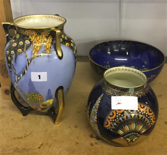 Blue Carlton ware bowl and 2 vases